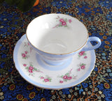 Shelley Pink Rose Cup And Saucer Henley Shape Blue Stripes Gold Trim