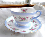 Shelley Pink Rose Cup And Saucer Henley Shape Blue Stripes Gold Trim