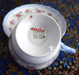 Shelley Pink Rose Cup And Saucer Henley Shape Blue Stripes Gold Trim