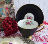 Rare Shelley Matte Black Ripon Cup and Saucer 1950s Rose And Red Daisy