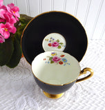 Rare Shelley Matte Black Ripon Cup and Saucer 1950s Rose And Red Daisy