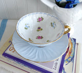 Shelley Footed Oleander Blue Rose Pansy FMNot Cup And Saucer Burnished Gold