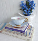Shelley Footed Oleander Blue Rose Pansy FMNot Cup And Saucer Burnished Gold