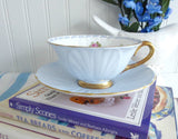 Shelley Footed Oleander Blue Rose Pansy FMNot Cup And Saucer Burnished Gold