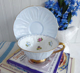 Shelley Footed Oleander Blue Rose Pansy FMNot Cup And Saucer Burnished Gold