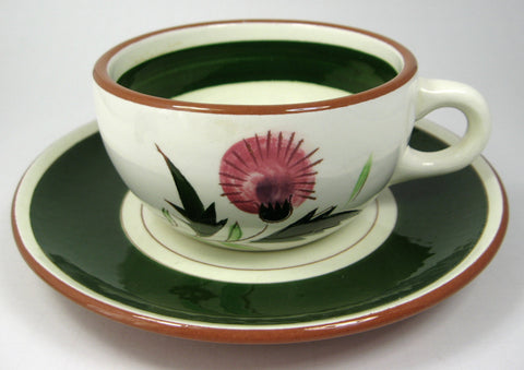 Stangl USA Thistle Cup And Saucer Retro Green And Pink Stylized 1950s