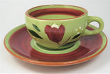 Retro 1950s Stangl USA Cup And Saucer Magnolia Brown Avocado Green Red Floral