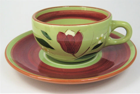 Retro 1950s Stangl USA Cup And Saucer Magnolia Brown Avocado Green Red Floral