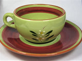 Retro 1950s Stangl USA Cup And Saucer Magnolia Brown Avocado Green Red Floral