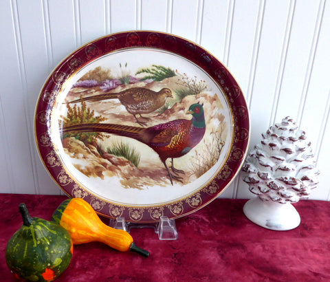 Pheasants Oval Platter 1950s Wood and Sons Game Birds Burgundy Border Gold Overlay