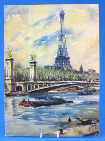 Postcard Artist Signed Watercolor Eiffel Tower Paris Yvon 1950s Impressionist