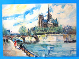 Postcard Signed Artist Yvon Watercolor Notre Dame Seine 1950s