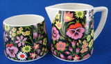 Black Floral Chintz Sugar And Creamer Milk Jug 1950s Japan Tea Party