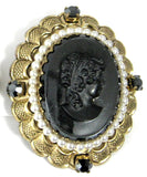 Pin And Earrings 1950s Black Glass Cameos Rhinestones Pearls W Germany Filigree