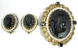 Pin And Earrings 1950s Black Glass Cameos Rhinestones Pearls W Germany Filigree