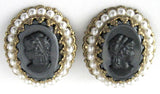 Pin And Earrings 1950s Black Glass Cameos Rhinestones Pearls W Germany Filigree