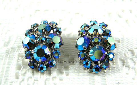 Blue Aurora Borealis Rhinestone Earrings Clips 1950s D&E Lovely Iridized Tea Party Juliana