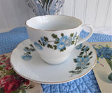 Cup And Saucer Blue Flowers Gold Trim Porcelain China 1950s Chrysanthemum Teacup
