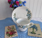 Cup And Saucer Blue Flowers Gold Trim Porcelain China 1950s Chrysanthemum Teacup