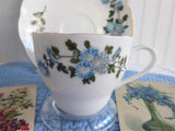 Cup And Saucer Blue Flowers Gold Trim Porcelain China 1950s Chrysanthemum Teacup