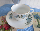 Cup And Saucer Blue Flowers Gold Trim Porcelain China 1950s Chrysanthemum Teacup