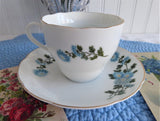 Cup And Saucer Blue Flowers Gold Trim Porcelain China 1950s Chrysanthemum Teacup
