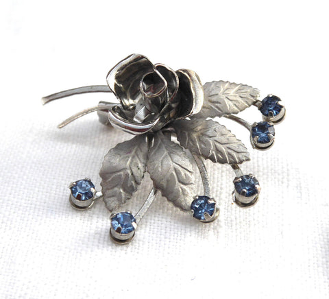 Blue Rhinestones Silver Rose Flower Brooch 1950s Elegant Pin 3 Dimensional Tea Party