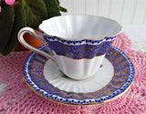 Gorgeous Cup And Saucer Cobalt Blue Gold Filigree Pink Rose 1950s English Bone China
