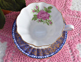 Gorgeous Cup And Saucer Cobalt Blue Gold Filigree Pink Rose 1950s English Bone China
