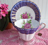 Gorgeous Cup And Saucer Cobalt Blue Gold Filigree Pink Rose 1950s English Bone China