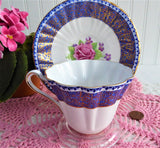 Gorgeous Cup And Saucer Cobalt Blue Gold Filigree Pink Rose 1950s English Bone China