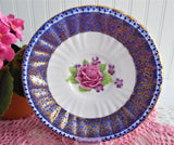 Gorgeous Cup And Saucer Cobalt Blue Gold Filigree Pink Rose 1950s English Bone China