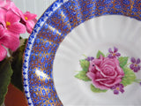 Gorgeous Cup And Saucer Cobalt Blue Gold Filigree Pink Rose 1950s English Bone China