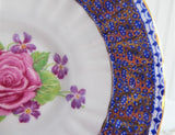 Gorgeous Cup And Saucer Cobalt Blue Gold Filigree Pink Rose 1950s English Bone China