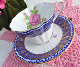 Gorgeous Cup And Saucer Cobalt Blue Gold Filigree Pink Rose 1950s English Bone China