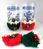 Holiday 1950s Christmas Crocheted Glass Holders Drink Sleeves Bells Red Green