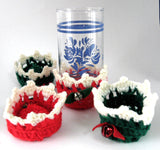 Holiday 1950s Christmas Crocheted Glass Holders Drink Sleeves Bells Red Green