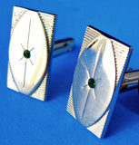 Atomic Cufflinks Anson 1950s Silver Green Rhinestones Faux Emeralds