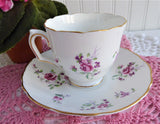 Delicate Pink Rose Cup and Saucer Crown Staffordshire England 1950s Purple Flowers