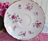 Delicate Pink Rose Cup and Saucer Crown Staffordshire England 1950s Purple Flowers