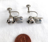 Silver Rose Earrings 1950s Ice Blue Rhinestones Figural Screw Back