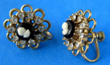 Earrings Rhinestones Cameos 1940s Filigree Screw Back Gold Plated Vintage Retro