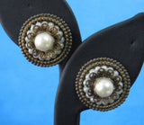 Earrings Gold Plated Filigree 1950s Wedding Cake Rounds Faux Pearl Screw Backs