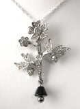 Rhinestone Necklace Figural Flower Black Glass Dangle Sterling Rope Chain 1950s