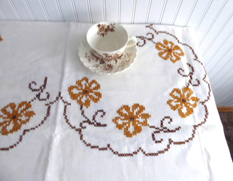 Cross Stitch Embroidered Tablecloth 48 Square Tea Cloth Bridge Cloth Fall Colors