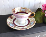 Fancy Hand decorated Cup And Saucer 1950s Japan Maroon Pink Gold Heart Bouquets