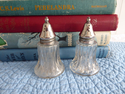 Vintage Fluted Glass Salt And Pepper Shakers Silver Plated Lids 1950s