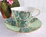 Cup And Saucer Green Paisley Chintz Panels 1950s Vintage Royal Standard Gold Overlay