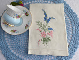 Floral Spray Hand Embroidered Linen Guest Towel Hand Towel 1950s Tea Towel Hand