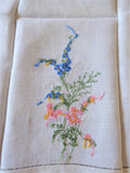 Floral Spray Hand Embroidered Linen Guest Towel Hand Towel 1950s Tea Towel Hand